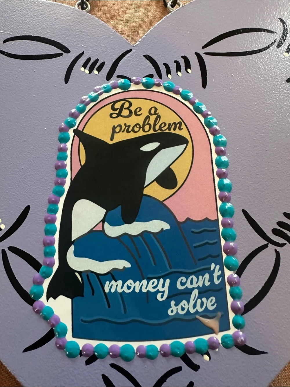 Lavender Heart Wall Plaque with Whale Graphic and painted Barb wire